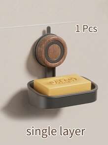 1 Pc Creative Light Luxury Free Punching Sucker Wall Hanging Removable Stainless Steel Wood Grain Bathroom Soap Box, Hollow Drain, Load-Bearing Capacity, Convenient Bathroom Use, Easy To Take, Single And Double Optional, Double Layer Send A Sponge Brush