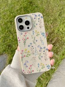1pc Floral Print Luxury Milky White Leather Textured Phone Case, Compatible With IPhone & Galaxy Models - Multicolor - View 2