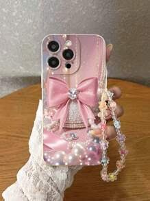 蝴蝶结彩绘防震手机壳，配有手工串珠花手链，适用于 iPhone 16/16 Pro/16 Plus/16 Pro Max、iPhone 14 Pro Max、iPhone 13、iPhone 12、iPhone XR、iPhone 7/8、Galaxy 系列和 Redmi 系列 - 彩色 - 查看 2