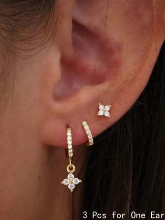 3 st klassiska örhängen med CZ-blomma och zirkonia för kvinnor, 14K guldpläterade små runda huggie-örhängen, bulk för tjejer, vintage helix-örhängen, staplar, piercingsmycken, accessoarer, gåva