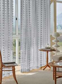 1pc Vertical Pompom Tassel Sheer Curtain, Semi-Blackout Linen Texture, Suitable For Bedroom, Living Room, Balcony, Casement Window - Grey - View 5