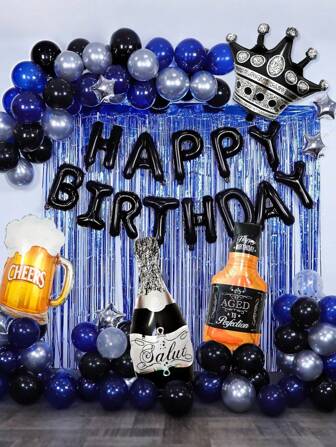 76 个气球和 2 个蓝色流苏窗帘，蓝色和黑色生日派对装饰套装包括黑色生日快乐气球横幅、乳胶气球、皇冠、香槟酒瓶、威士忌铝箔气球，适用于蓝色主题生日派对用品，适用于男士生日派对装饰、庆祝活动、摄影背景