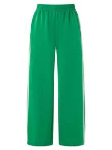 Women Striped Track Pants Loose Elastic Waist Drawstring Straight Leg Sweatpants Joggers Wide Leg Side Stripes Pants With Pockets Streetwear - Green - View 6