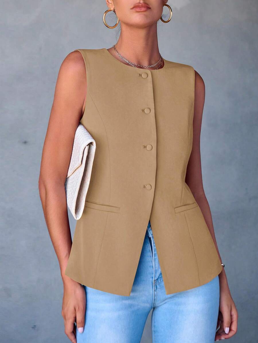 Women's Summer Suit Vest Top Formal Business Casual Sleeveless Button Slimming All Fashion Suit Jacket Vest - Kaki nhạt - Xem 1