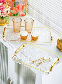 1 Piece, Luxury Acrylic Rectangular Tray With Handle, PET Material, Water Ripple Design, Perfect For Holidays And All Seasons, Perfect For Cakes, Snacks, Drinks, Etc