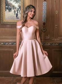 Faeriesty 时尚缎面中长露肩鸡尾酒裙，宽裙摆，优雅垂坠 | 适合黑色领带晚会、婚宴和上流社会活动的奢华正装 - 粉色 - 查看 4