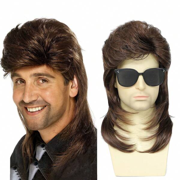 Parrucca da uomo mullet ricci marroni stile anni '70 e '80, parrucca retrò da costume da rocker o da discoteca, parrucca sintetica con frangia - marrone chiaro
