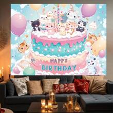 1pc Happy Birthday Kitten Cake & Balloons Banner Background, Suitable For New Year Celebration, Holiday Party, Home Decor Photography, Garden Multipurpose Decoration