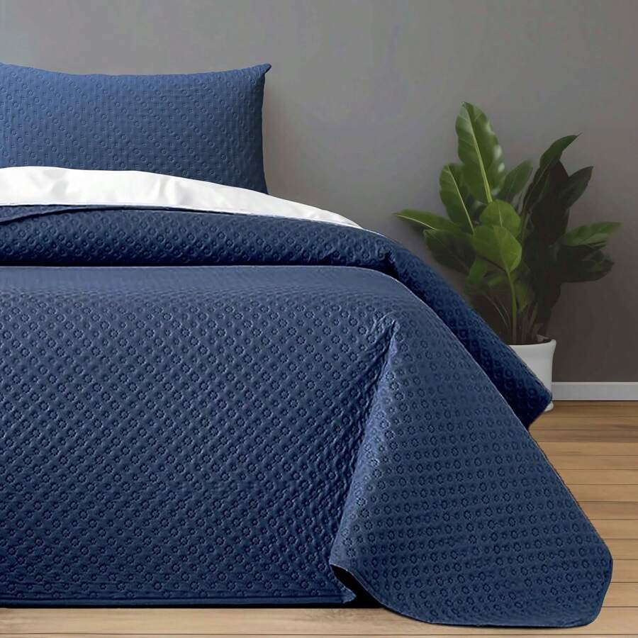 Kynley 夏季及換季絎縫床罩，100% 聚酯纖維布料，輕薄柔軟，白色床罩，含枕頭套，尺寸 45x70 厘米 - 藍色 - 查看 1
