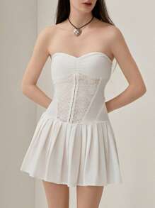 Women's Tube Top Dress Sleeveless Off Shoulder Front Ruched Lace Embroidery Backless Pleated Mini Dress For Party Club