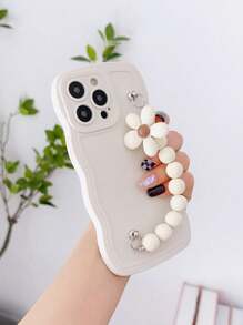 Białe etui na telefon 1 szt. Modne faliste etui na telefon TPU odporne na wstrząsy z dekoracją bransoletki z pereł DIY, kompatybilne z 11 12 13 14 15 Pro Max 16 Plus