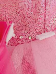 女婴蝴蝶结亮片薄纱可爱生日派对拖尾连衣裙，适合花童，带发带