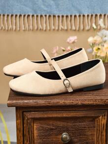 Women's Fashionable Square Toe Low Vamp Slip-On Black Shoes, Casual & Versatile For Office, Outdoor, Party, Wedding, With High-End Vibe, Spring/Summer, Mary Jane Ballet Flats, Red Color - Apricot - View 3