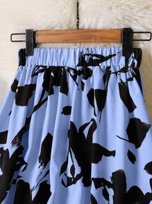 女式花卉印花松紧腰长款休闲裙 - 淺藍色 - 查看 7