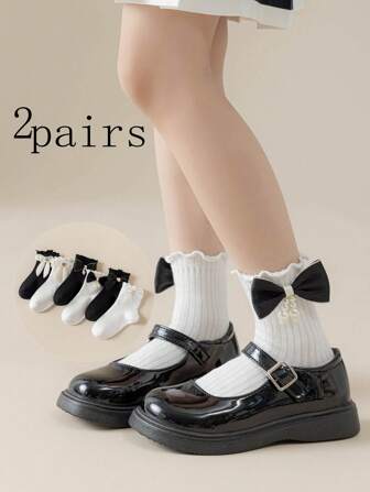 2 paires de chaussettes fines pour filles décorées d'un nœud de princesse, chaussettes d'été blanches et respirantes pour chevilles de filles