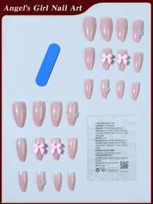 24pcs/Set Press On Nails, Long Almond Pink Bowknot & Faux Pearl Sweet Style Design Acrylic Press On Nails , Contain 1pc Jelly Glue And 1pc Nail File, Suitable For Women And Girls Daily Work And Party Use