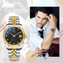 JEWELRYWE Elegant Men's Automatic Mechanical Watch, 36 Hours Power Reserve, Round Case, Luminous Hands, Rhinestone Scale, Magnifying Lens Calendar, Stainless Steel Strap, Water Resistant, Can Be Used For Business Casual Wear, Father's Day Birthday Anniversary Christmas Gift - màu đen - Xem 6