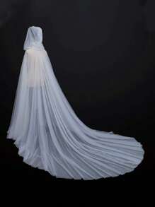 1pc Elegant Sheer Mesh Solid Color Vintage Hooded Cloak, Romantic Bridal Cape Suitable For Weddings And Special Occasions, Halloween Adult Vintage Solid Color Hooded Veil Vampire Bride Cloak