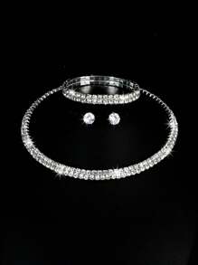 1 Set Includes 1 Pair Earrings, 1 Bracelet, 1 Necklace, Welded Claw Chain Double Row Crystal Necklace, Earrings, Bracelet Set For Bride, Formal Evening, Cocktail - Silver - View 4