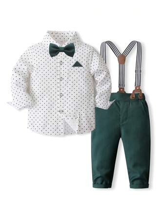 2pcs Set, Spring/Autumn Baby Boy Gentleman Outfit, Dot Print Long Sleeve Shirt With Green Bowknot + Casual Bib Pants, Fashionable And Handsome, Suitable For Wedding, Holiday, Birthday