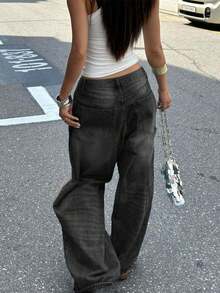 Vintage Washed Black Straight Leg Jeans For Women, US Design Loose Casual Wide Leg Floor Length Pants