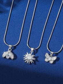 1 件精美锆石镶嵌向日葵、甲虫、蝴蝶吊坠项链，欧美奢华小众设计，复古项链，适合女士 - 銀色 - 查看 1