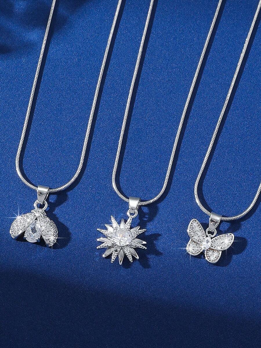 1 件精美锆石镶嵌向日葵、甲虫、蝴蝶吊坠项链，欧美奢华小众设计，复古项链，适合女士 - 銀色 - 查看 1