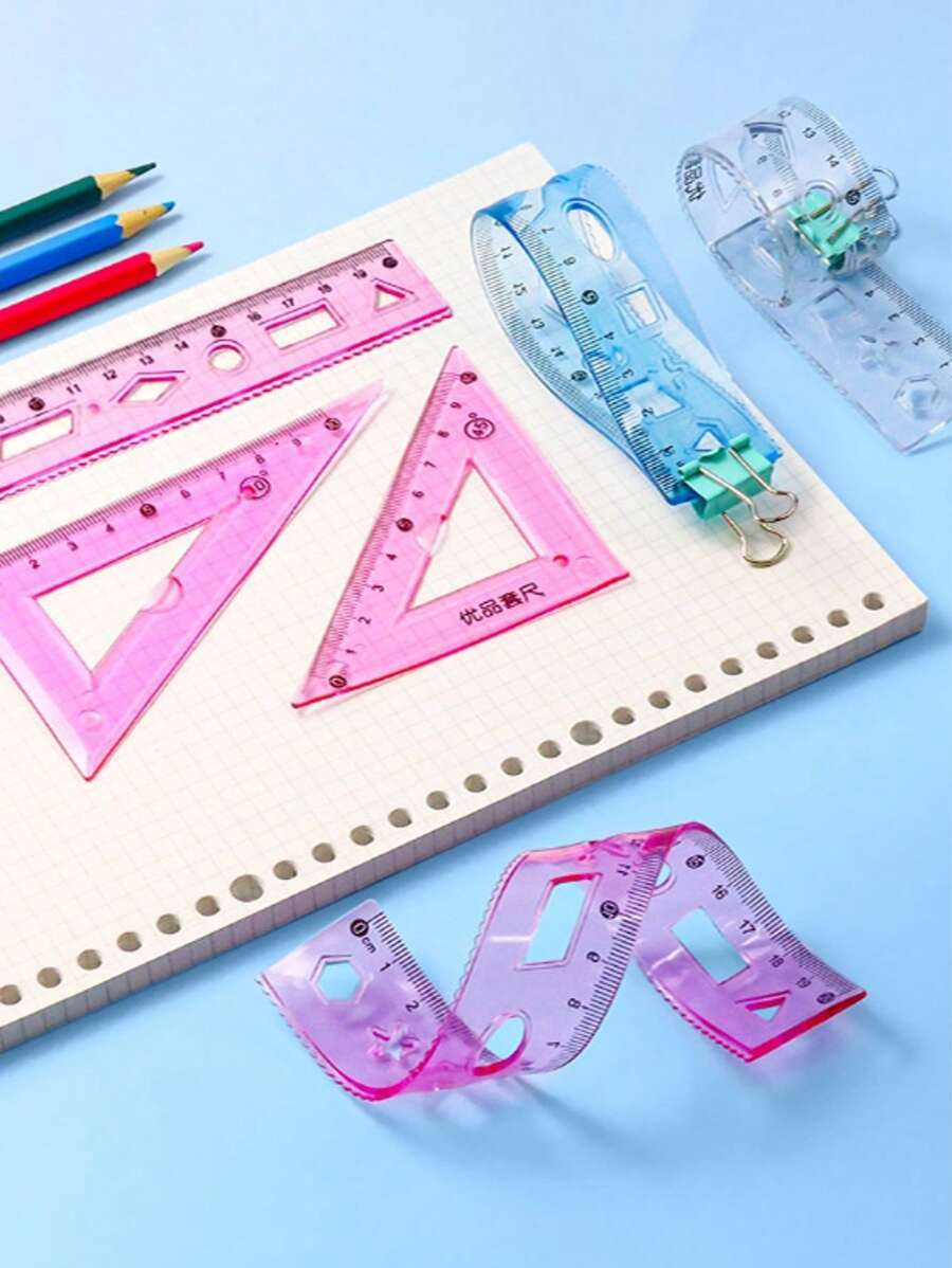 定規セット 4点 ソフト定規 三角定規 分度器 グリッド定規 透明 20cm 波型定規 定規 - マルチカラー - チェックする 1