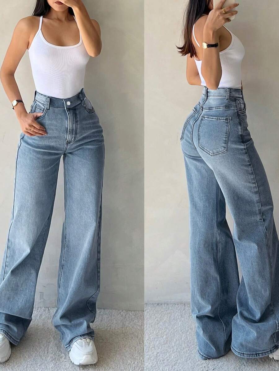 Women's Floor Length Jeans, Street Style, With Buttons, Zippers, And Pockets, Urban Style, Comfortable Women's Pants. - Medium Wash - View 1