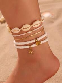 5pcs/Set Bohemian Shell, Starfish, Butterfly, Heart Pendant Anklet Set For Women