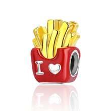 Easvnya 1 件时尚镀银薯条和汉堡串珠装饰，3D 设计优雅时尚，适合手链和项链配饰，可作为生日或节日的完美珠宝礼物 - 兩件薯條漢堡組合 - 查看 3