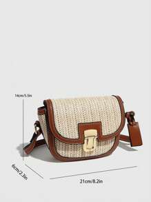 时尚帆布拼接撞色小包，多功能女士锁扣方形/圆形斜挎包，适合女孩、女士、学生、年轻职业人士、上班族、通勤、学校郊游等场合。 - 白棕色 - 查看 3