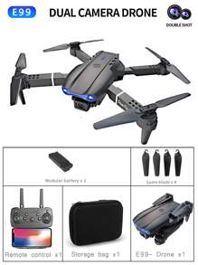 E99升级版初学者入门级遥控无人机。方便可折叠，配有储物袋。它是一款四轴飞行器，配有高清摄像头，可拍摄照片和视频。它具有高度保持功能，