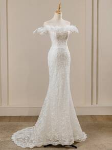 White Off Shoulder Ruffle Lace Mermaid Bridal Wedding Dresses For Bride, Romantic Vacation Dress, Spring/Summer - White - View 3