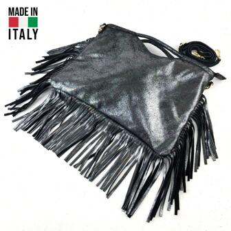 Bolso bandolera - Brillo brillante - Flecos - Cuero de becerro auténtico - Hecho en Italia