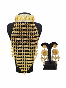 高品质花卉流苏项链 + 耳环套装，西式迪拜婚礼派对首饰套装，女士 - 金黃色 - 查看 7