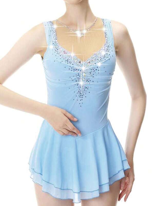 Women's Figure Skating Competition Light Blue Long Sleeve Rhinestone Net Fashion Net Skating Dress Dance Dress Gymnastics Dress Christmas Halloween