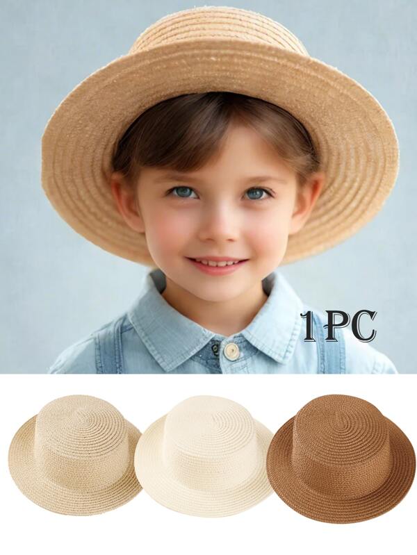 1pc Kids Solid Color Round Top Flat Brim Sun Hat, Toddler Boys & Girls, Suitable For Spring, Summer, Autumn