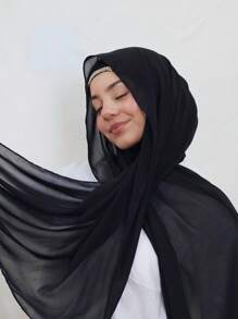 2pcs Hijab Set: Fashionable Solid Color Rhinestones Hijab Headband & Chiffon Long Scarf, Shiny Inner Hijab And Jersey Hijabs, Suitable For Party, Daily Wear, Shopping