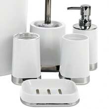 浴室配件套装，6 件塑料礼品套装，牙刷架，牙刷杯，皂液器，皂碟，马桶刷架，垃圾桶，生日，节日，乔迁，白色 - 白色 - 查看 5