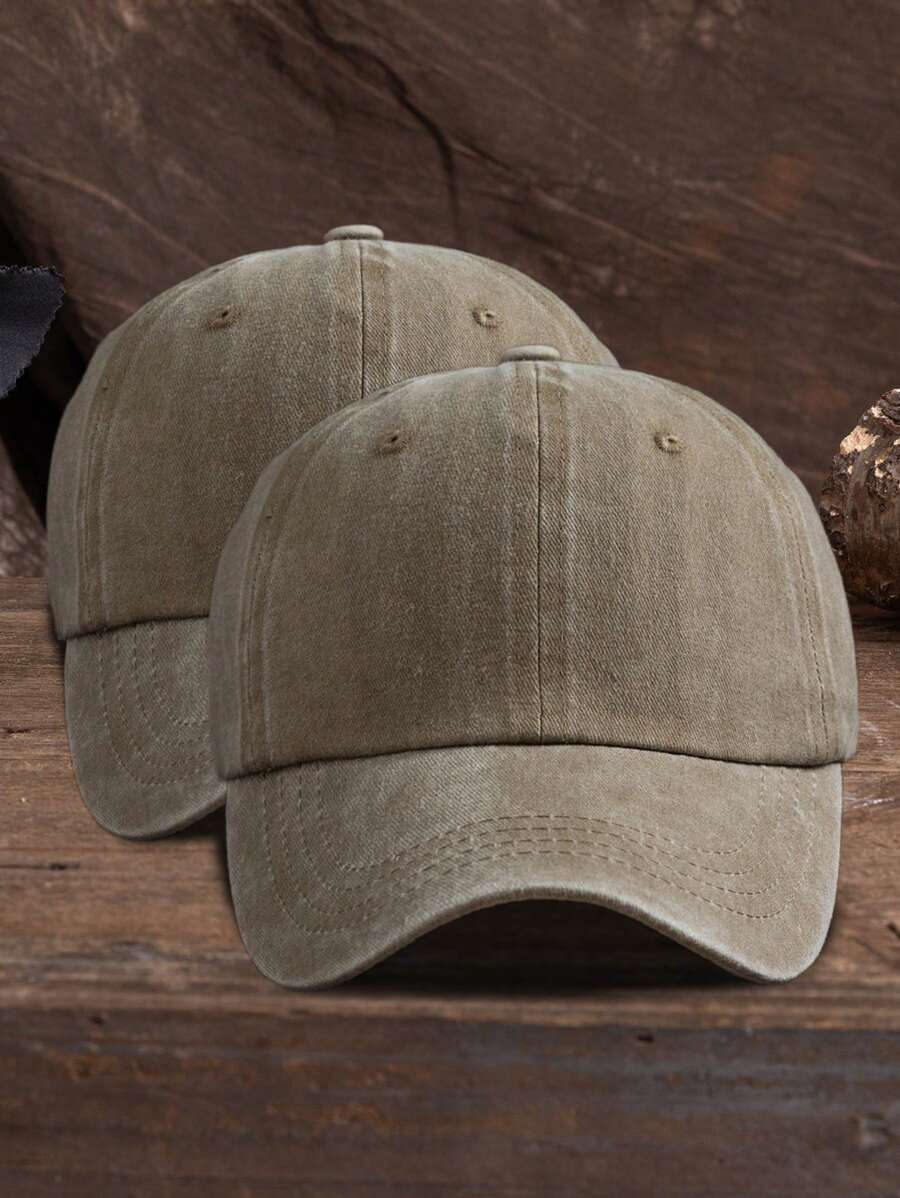 2pcs Unisex Solid Color Adjustable Washed Baseball Cap, Casual Outdoor Fashion - Khaki + Khaki - View 1