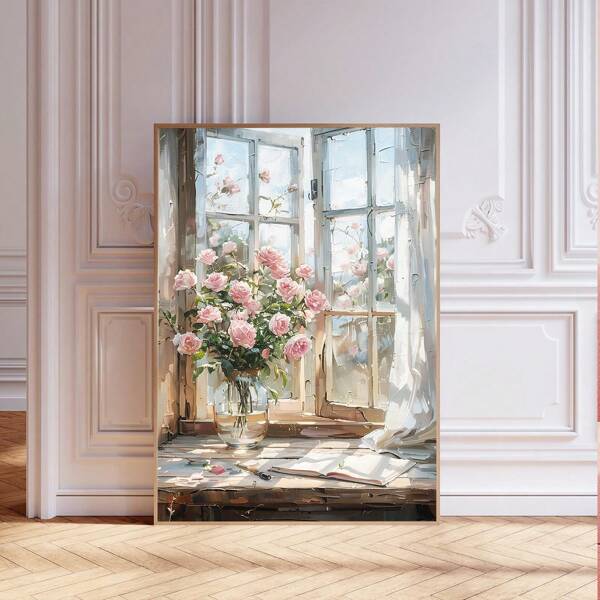 1pc, Canvas Hanging Painting, Framed Decorative Painting, Poster, Wall Art, Pink Roses And Windowsill Oil Painting, Girl Nursery Decoration, Floral Spring Wall Art, Aesthetic Living Room Decoration, Pink Flowers Painting Plant Arrangement Decoration, Spring Decoration Theme, Spring Home Decorations Gifts Birthday Graduation