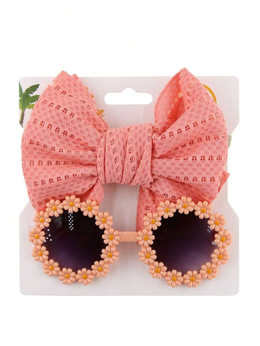 2 件套儿童时尚镜面蝴蝶结头带套装，男孩女孩户外旅行头饰花朵眼镜装饰 - 粉色 - 查看 1