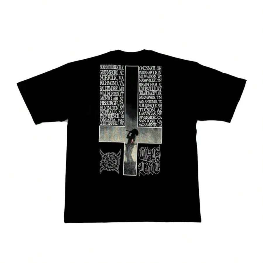 New Men Ken Carson A Great Chaos Tour Leg T Shirts T-Shirt Hip Hop Skateboard Street Cotton T-Shirts Tee Top US Size N216A - Black - View 1