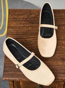 Women's Fashionable Square Toe Low Vamp Slip-On Black Shoes, Casual & Versatile For Office, Outdoor, Party, Wedding, With High-End Vibe, Spring/Summer, Mary Jane Ballet Flats, Red Color - Apricot - View 2
