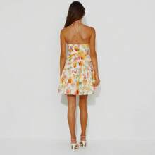Women Summer Casual Mini Dress Floral Sleeveless Halter Neck Party Short Dress For Cocktail Beach Club Streetwear - 黃色 - 查看 5