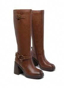 Women's Chunky Heel Platform Knee-High Boots Square Toe Side Zipper Adjustable Straps Buckle Decorated Motorcycle Riding Boots - 摩卡棕 - 查看 2