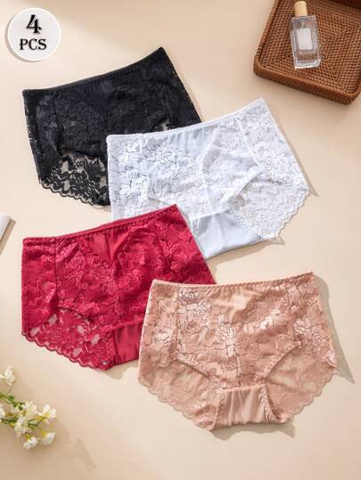 4PCS Sexy Lace Lingerie Moda Feminina Triângulo Calcinhas Snug Fit Respirável Calcinha Primavera E Verão Calcinha Casual Cor Sólida Casa Roupa Interior Feminina Calcinha Elástica De Cintura Média Para Mulheres Preto Branco Vermelho Cuecas
