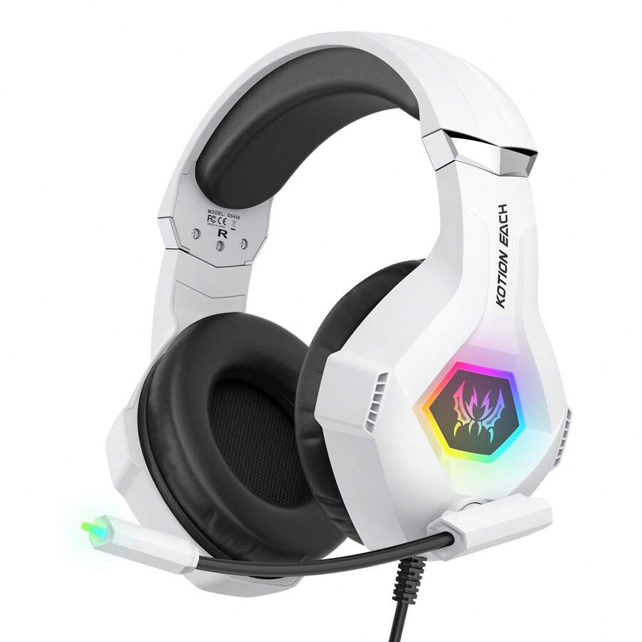 White Gaming Headset, Surround Stereo Gaming Headphones With Noise Cancelling Mic, LED Lights & Soft Memory Earmuffs For Computer Games - Multicolor - View 1