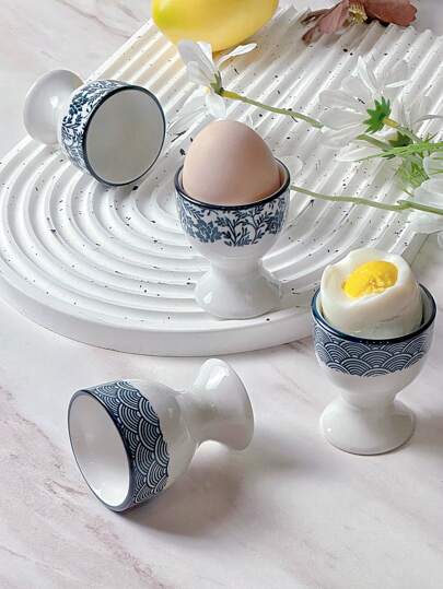 1 Set Of 2pcs Blue & White Porcelain Printed Egg Cups & Egg Holders, For Serving Boiled Eggs In Daily Meals, Suitable For Breakfast, Home Dining, Gifts, Parties